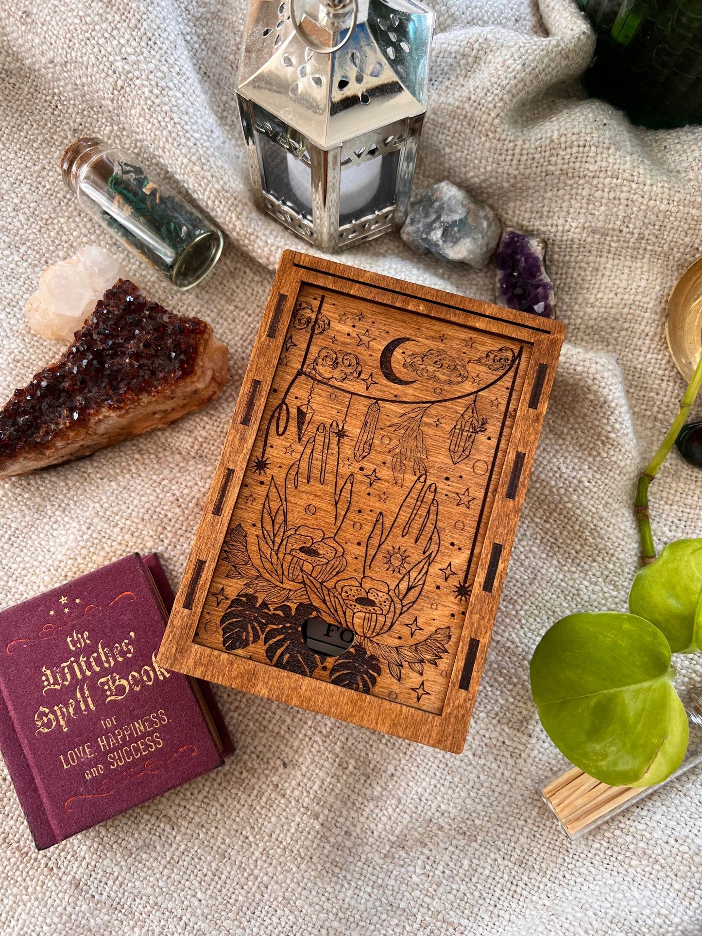 Wooden tarot box with build in card stand
